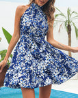 New Flowers Print Halterneck Dress Summer Fashion Temperament Lace-up Ruffled Dresses For Women