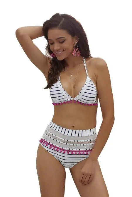 Blue white striped pom pom bikini Striped bikini with pom pom details Fun and stylish beachwear Adjustable strap bikini set Underwire bikini top High-cut bikini bottoms Quick-drying swimsuit Fashionable swimwear with pom poms Contemporary striped bikini Versatile beach outfit