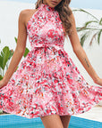 New Flowers Print Halterneck Dress Summer Fashion Temperament Lace-up Ruffled Dresses For Women