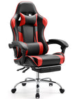 Adjustable ergonomic gaming chair with footrest, stainless steel frame, and plush leather upholstery.
