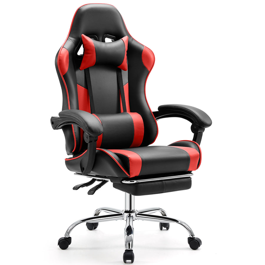 Adjustable ergonomic gaming chair with footrest, stainless steel frame, and plush leather upholstery.
