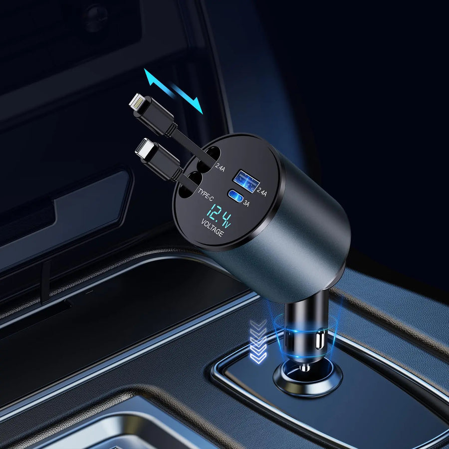 Retractable Car Charger, 4 in 1 Fast Car Phone Charger 66W, Retractable Cables and USB Car Charger