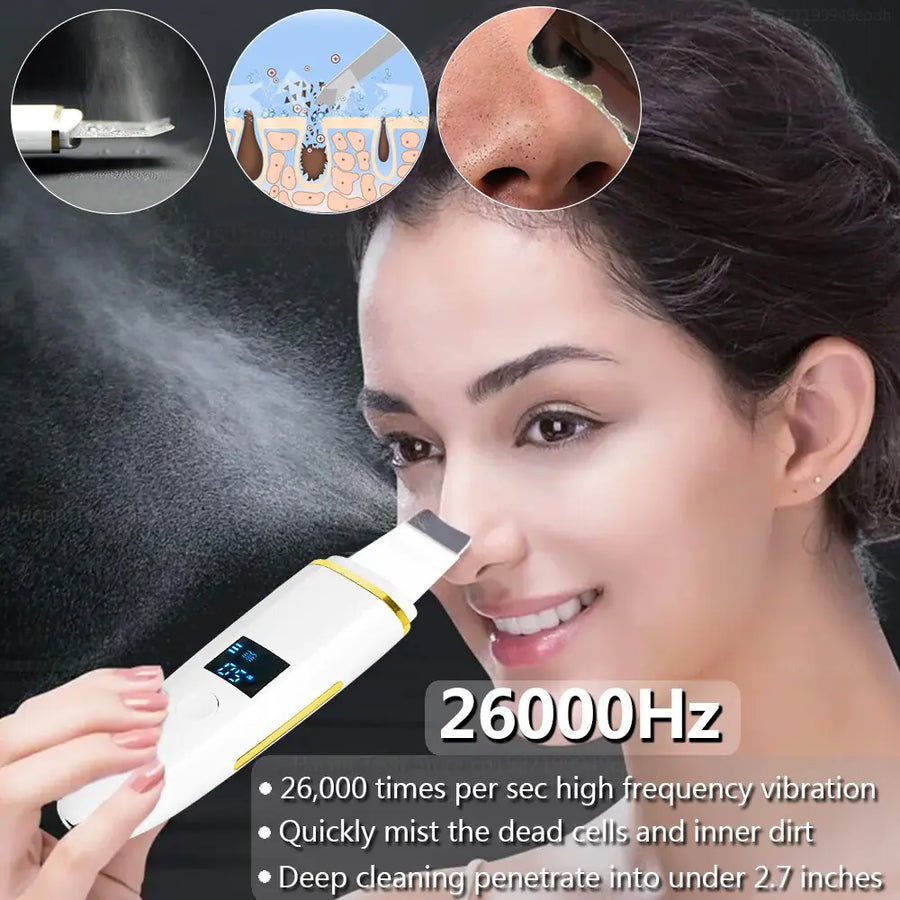 Ultrasonic skin scrubber Facial cleansing device Ultrasonic exfoliating tool Skin scrubber spatula Ultrasonic pore cleanser Facial scrubber machine Ultrasonic blackhead remover Skin scrubber for acne Ultrasonic skin peeling device Facial exfoliator with ultrasonic technology