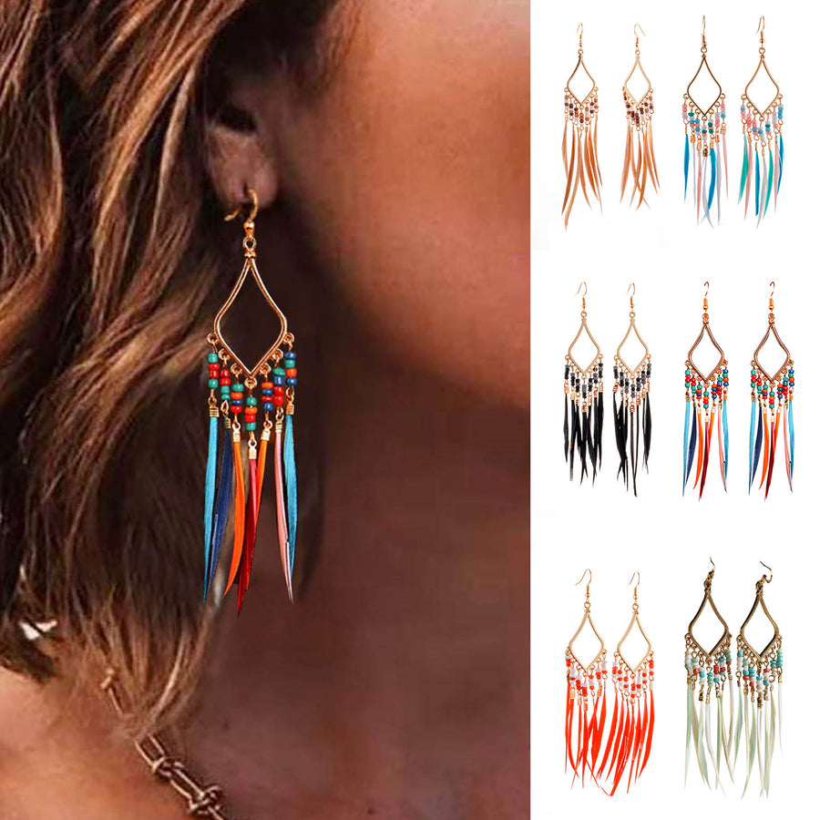 Tassels feather earrings Bohemian feather earrings Fringe feather earrings Statement feather earrings Boho chic earrings Long feather earrings Dangle tassel earrings Trendy feather earrings Fashionable tassel earrings Feather jewelry accessories