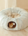 Round tunnel cat bed Dual-purpose cat furniture Cat bed with attached tunnel Cozy hideaway for cats Interactive cat sleeping space Plush round bed for cats Tunnel bed for feline fun Comfy cat nap spot Cat tunnel bed combo Multi-functional cat sleeping accessory