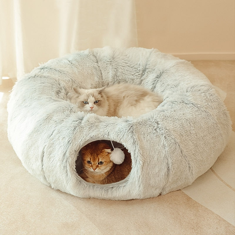 Round tunnel cat bed Dual-purpose cat furniture Cat bed with attached tunnel Cozy hideaway for cats Interactive cat sleeping space Plush round bed for cats Tunnel bed for feline fun Comfy cat nap spot Cat tunnel bed combo Multi-functional cat sleeping accessory