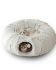 Round tunnel cat bed Dual-purpose cat furniture Cat bed with attached tunnel Cozy hideaway for cats Interactive cat sleeping space Plush round bed for cats Tunnel bed for feline fun Comfy cat nap spot Cat tunnel bed combo Multi-functional cat sleeping accessory