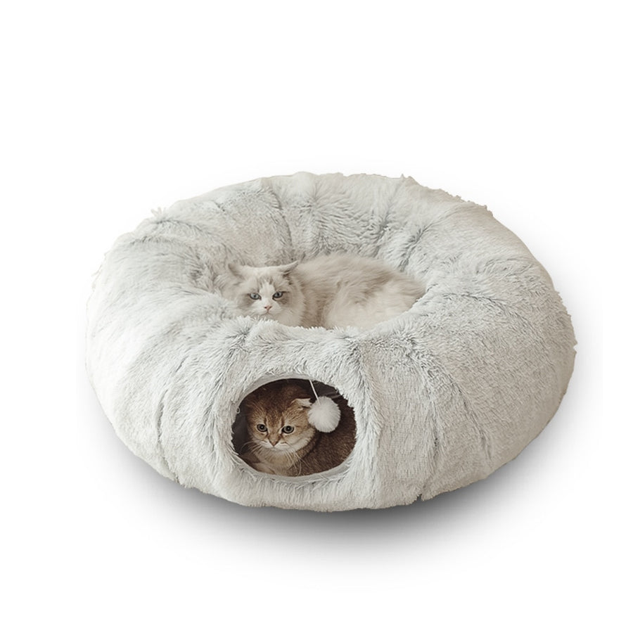 Round tunnel cat bed Dual-purpose cat furniture Cat bed with attached tunnel Cozy hideaway for cats Interactive cat sleeping space Plush round bed for cats Tunnel bed for feline fun Comfy cat nap spot Cat tunnel bed combo Multi-functional cat sleeping accessory