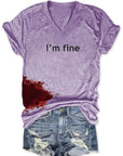 Women Halloween bloodstained "I'm fine" shirt Halloween costume shirt for women "I'm fine" shirt with bloodstained design Women's spooky Halloween graphic tee Blood splatter "I'm fine" shirt for females Halloween-themed shirt for women Creepy bloodstained tee for ladies Women's horror-themed Halloween shirt Scary "I'm fine" shirt for Halloween parties Halloween costume accessory shirt for women