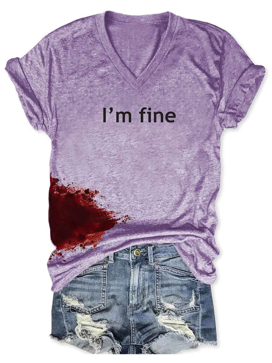 Women Halloween bloodstained "I'm fine" shirt Halloween costume shirt for women "I'm fine" shirt with bloodstained design Women's spooky Halloween graphic tee Blood splatter "I'm fine" shirt for females Halloween-themed shirt for women Creepy bloodstained tee for ladies Women's horror-themed Halloween shirt Scary "I'm fine" shirt for Halloween parties Halloween costume accessory shirt for women