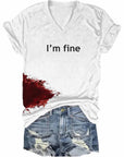 Women Halloween bloodstained "I'm fine" shirt Halloween costume shirt for women "I'm fine" shirt with bloodstained design Women's spooky Halloween graphic tee Blood splatter "I'm fine" shirt for females Halloween-themed shirt for women Creepy bloodstained tee for ladies Women's horror-themed Halloween shirt Scary "I'm fine" shirt for Halloween parties Halloween costume accessory shirt for women