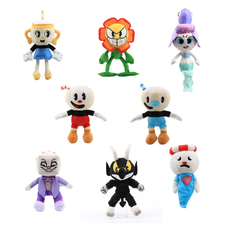 Cuphead merchandise Collectible plushies Video game plush dolls Cuphead characters Cartoon plush toys Mugman plushies Cute game character dolls Cuphead fan merchandise Stuffed Cuphead figures Animated plush collectibles