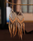 Tassels feather earrings Bohemian feather earrings Fringe feather earrings Statement feather earrings Boho chic earrings Long feather earrings Dangle tassel earrings Trendy feather earrings Fashionable tassel earrings Feather jewelry accessories