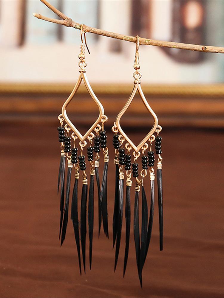 Tassels feather earrings Bohemian feather earrings Fringe feather earrings Statement feather earrings Boho chic earrings Long feather earrings Dangle tassel earrings Trendy feather earrings Fashionable tassel earrings Feather jewelry accessories