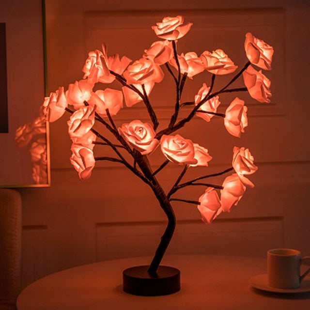 Blossom Bliss Glowing Rose Tree LED rose tree decor Whimsical glowing rose tree Romantic ambiance lighting Lifelike rose blossom lights Enchanting home decor centerpiece LED flower tree decoration Magical garden-inspired decor Soft glow rose tree lights Romantic home lighting accent