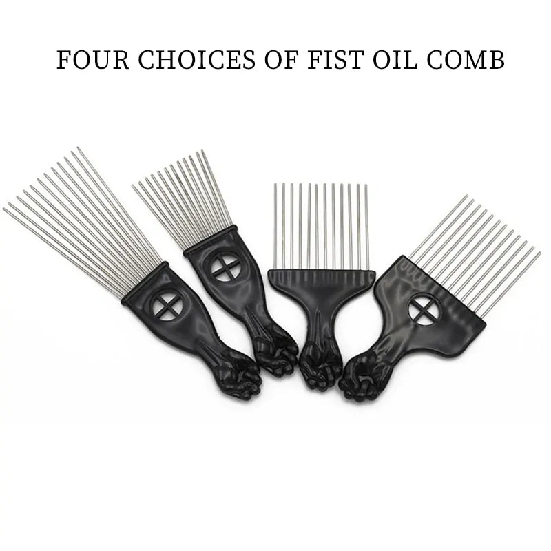 A close-up image of the Anti-Static Metal Afro Pick Comb showing the wide, durable metal teeth designed to detangle curly hair without causing frizz or static.