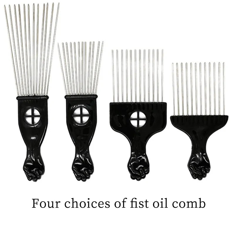 The Anti-Static Metal Afro Pick Comb resting on a natural curly hair texture, illustrating how the comb glides through hair effortlessly to reduce frizz and detangle.