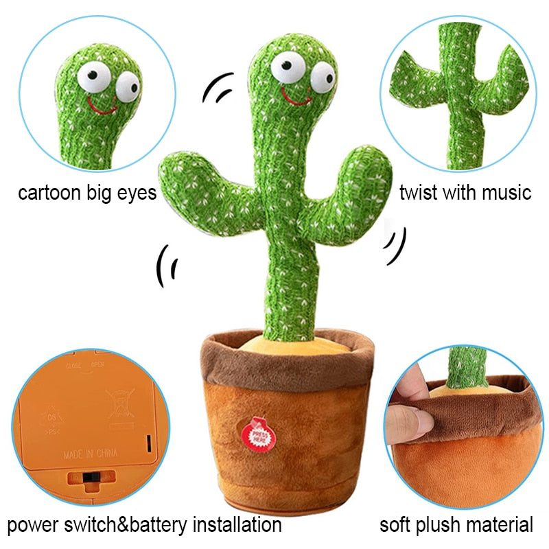 "A lively cactus toy that grooves to music and mimics speech for fun and learning."
