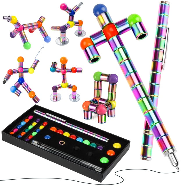  A writing instrument with magnetic pieces for interactive fidgeting and play.