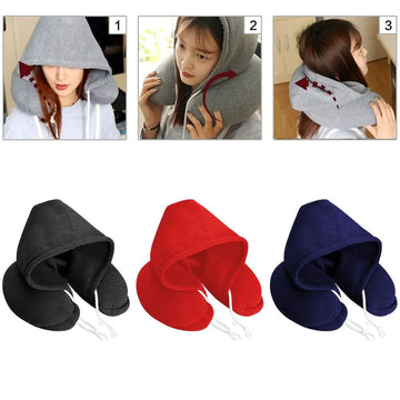 Hooded travel neck pillow with ergonomic design for comfortable journeys and restful sleep.