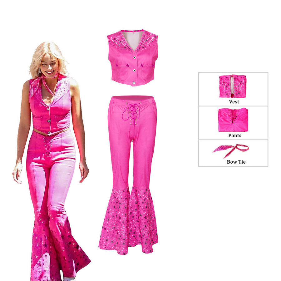 A kids-sized Barbie Cowgirl Outfit complete with a pink hat and Barbie Western Wear-inspired design