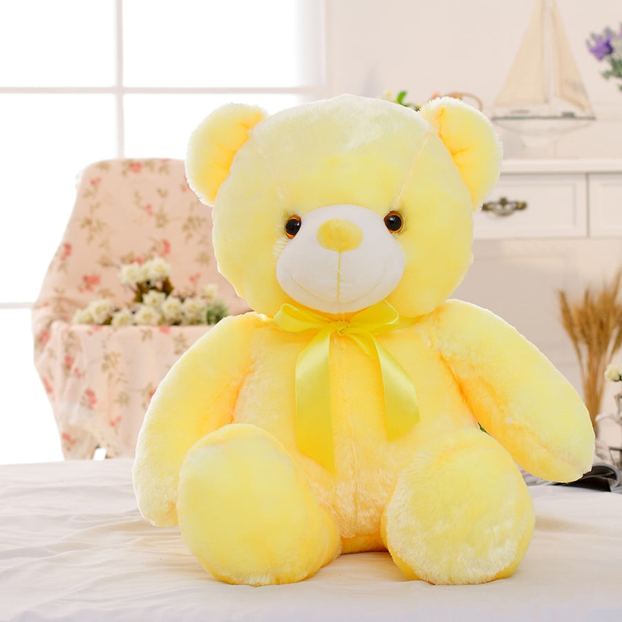 "A light-up teddy bear with soft LED lights that create a cozy, peaceful atmosphere for bedtime."