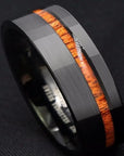 Black tungsten carbide wood ring Brushed finish wedding band Modern men's ring Wood inlay tungsten ring Sleek black wedding band Durable tungsten carbide ring Hypoallergenic men's ring Scratch-resistant wedding band Stylish wood and metal ring Elegant tungsten carbide band