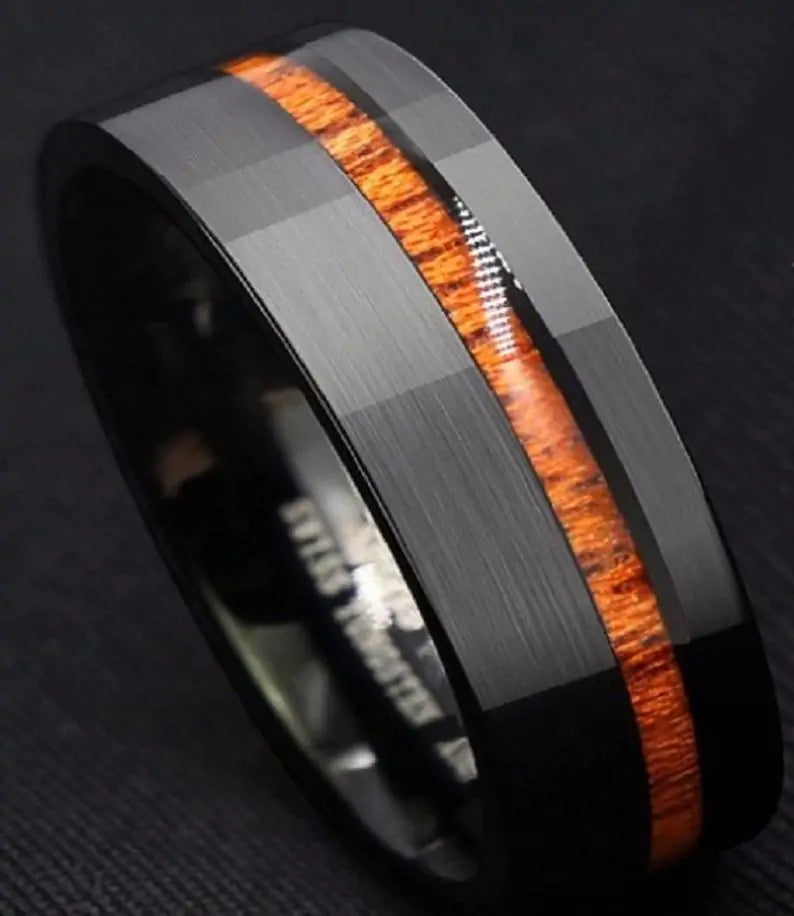 Black tungsten carbide wood ring Brushed finish wedding band Modern men's ring Wood inlay tungsten ring Sleek black wedding band Durable tungsten carbide ring Hypoallergenic men's ring Scratch-resistant wedding band Stylish wood and metal ring Elegant tungsten carbide band