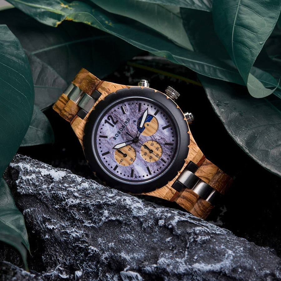 Artistic presentation of wooden chronograph watch emphasizing its unique design and functionality