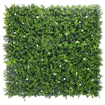 White flowering artificial boxwood wall Artificial boxwood wall with white flowers Faux boxwood wall panel with flowering white blooms Decorative boxwood backdrop with white floral accents Artificial hedge wall featuring white flowering foliage White flower boxwood wall panel for indoor and outdoor decor Lifelike artificial boxwood wall with white blossoms Faux boxwood paneling adorned with white flowers White floral artificial greenery wall for home and event decor 