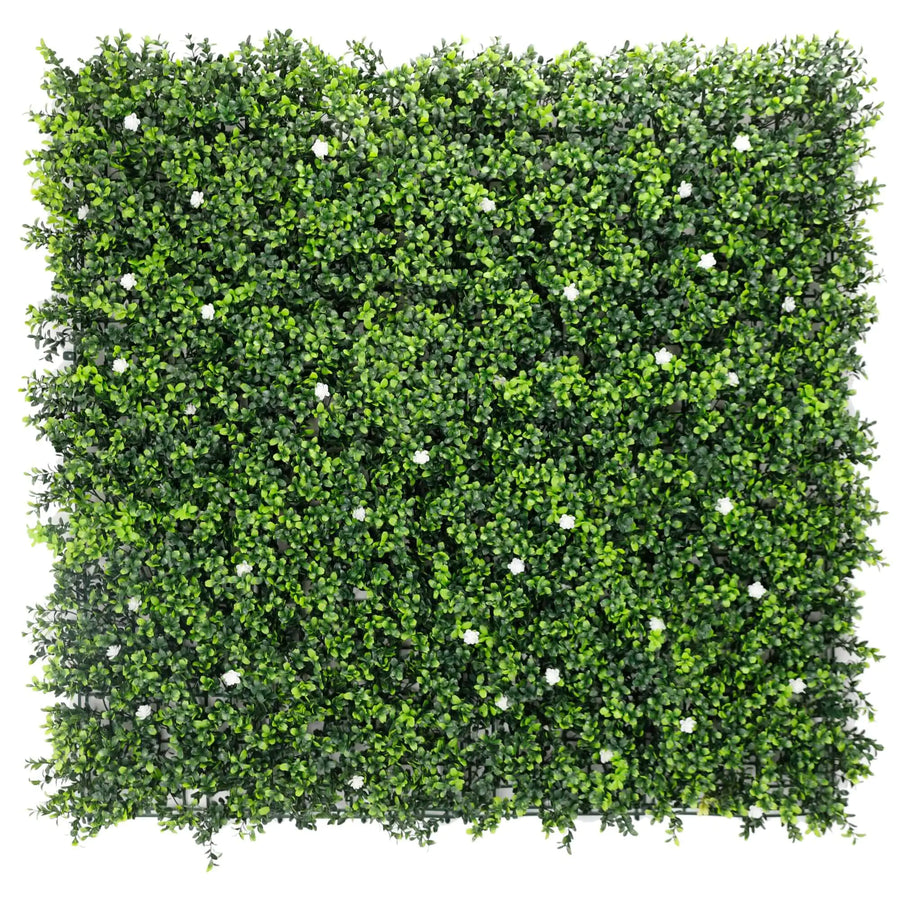 White flowering artificial boxwood wall Artificial boxwood wall with white flowers Faux boxwood wall panel with flowering white blooms Decorative boxwood backdrop with white floral accents Artificial hedge wall featuring white flowering foliage White flower boxwood wall panel for indoor and outdoor decor Lifelike artificial boxwood wall with white blossoms Faux boxwood paneling adorned with white flowers White floral artificial greenery wall for home and event decor 