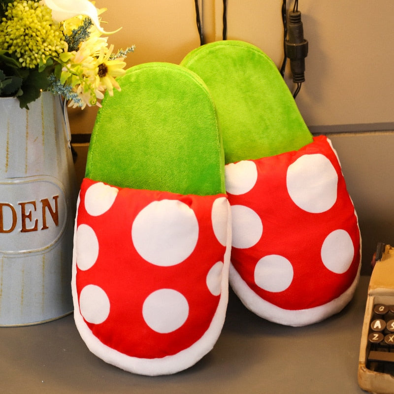 A cozy pair of Super Mario plush slippers designed with the iconic Mario Flower character from the Mario Bros series.