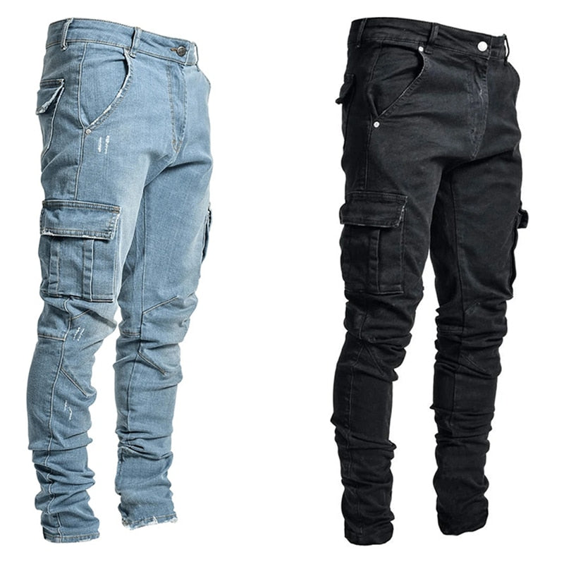 Baggy fit denim featuring distressed details and multiple pockets for tactical and casual wear.