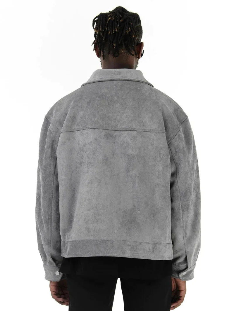 Boxy suede jacket Luxurious suede outerwear Contemporary jacket silhouette Minimalist suede coat Soft suede fabric Stylish outerwear piece Chic suede jacket design Versatile jacket for any occasion Fashionable suede outer layer Sophisticated suede coat   A versatile oversized suede jacket with a classic boxy fit, designed for both men and women, offering a stylish and timeless look