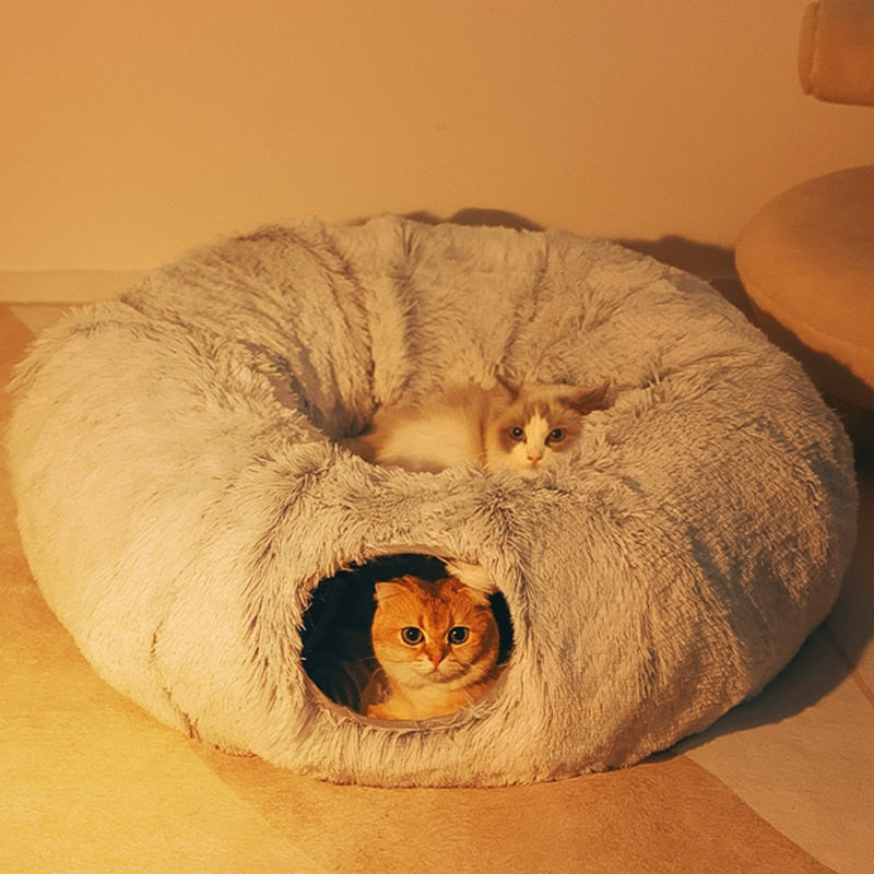 Round tunnel cat bed Dual-purpose cat furniture Cat bed with attached tunnel Cozy hideaway for cats Interactive cat sleeping space Plush round bed for cats Tunnel bed for feline fun Comfy cat nap spot Cat tunnel bed combo Multi-functional cat sleeping accessory