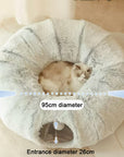 Round tunnel cat bed Dual-purpose cat furniture Cat bed with attached tunnel Cozy hideaway for cats Interactive cat sleeping space Plush round bed for cats Tunnel bed for feline fun Comfy cat nap spot Cat tunnel bed combo Multi-functional cat sleeping accessory