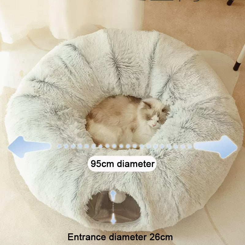 Round tunnel cat bed Dual-purpose cat furniture Cat bed with attached tunnel Cozy hideaway for cats Interactive cat sleeping space Plush round bed for cats Tunnel bed for feline fun Comfy cat nap spot Cat tunnel bed combo Multi-functional cat sleeping accessory