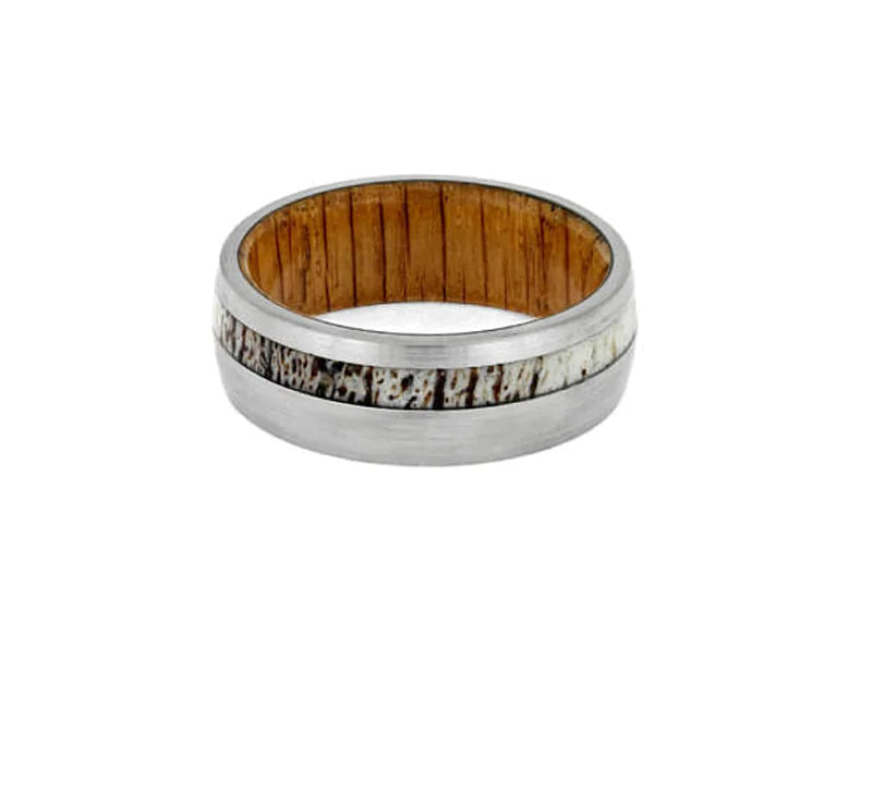 Rustic antler ring Whiskey barrel wood ring Unique nature-inspired ring Handcrafted wooden ring Statement jewelry piece Reclaimed wood and antler ring Artisanal ring design Heritage-inspired accessory Rustic charm ring Custom-made nature ring
